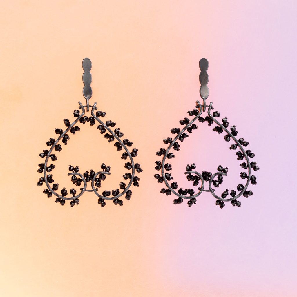 BLOOM EARRINGS, 2025, Oxidised silver, black spinel, 6.2 x 3.8cm